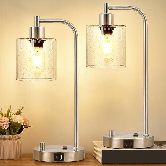 Industrial Table Lamps Set - Dimmable with Charging Ports