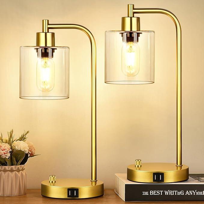 Industrial Table Lamps Set - Dimmable with Charging Ports