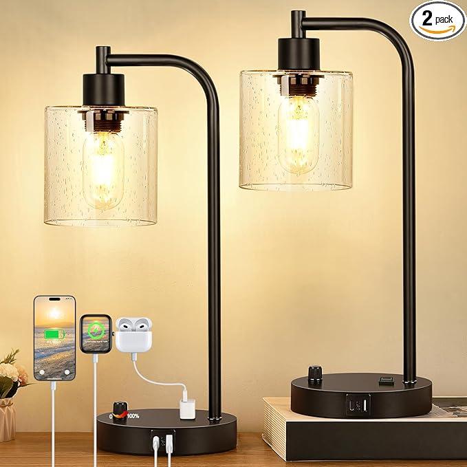 Industrial Table Lamps Set - Dimmable with Charging Ports