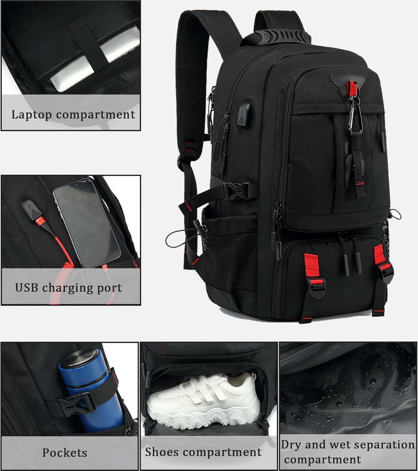 60L Waterproof Travel Backpack with USB Port and Shoe Compartment