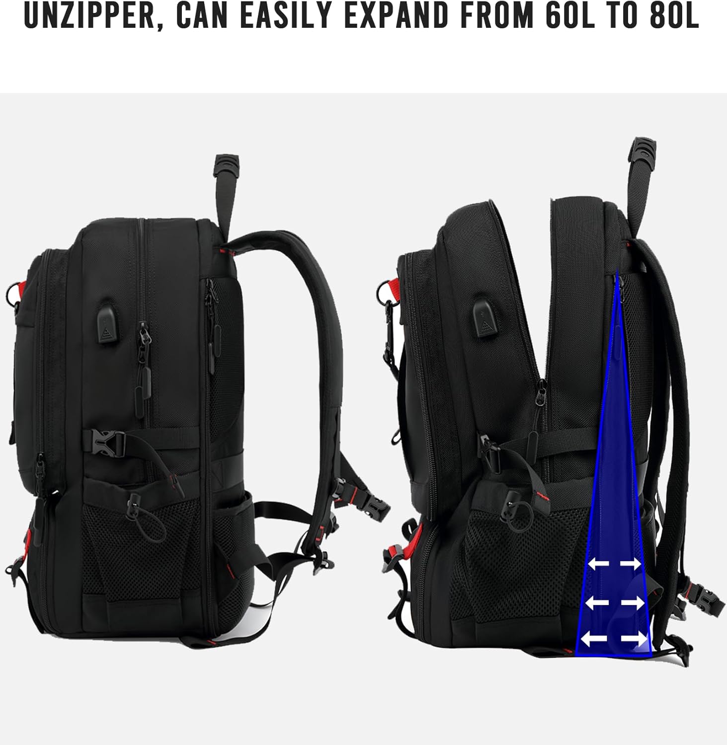 60L Waterproof Travel Backpack with USB Port and Shoe Compartment