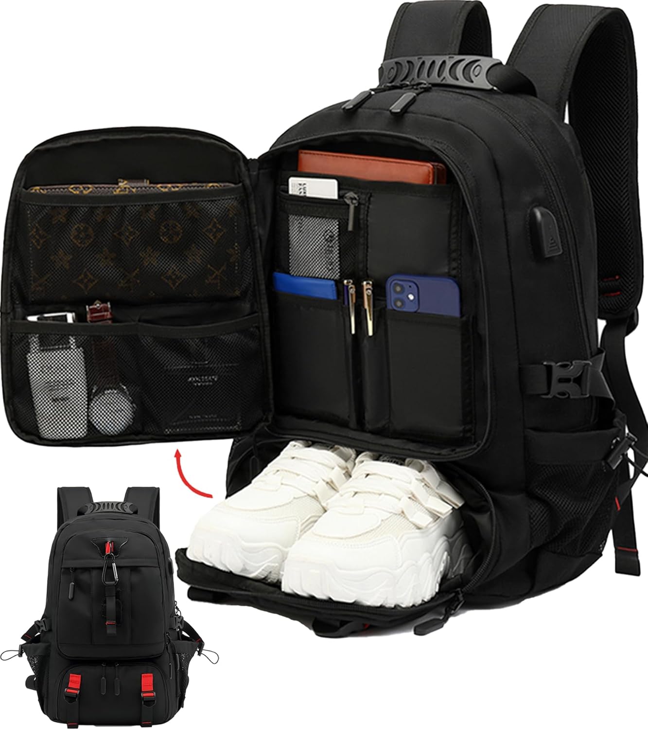 60L Waterproof Travel Backpack with USB Port and Shoe Compartment