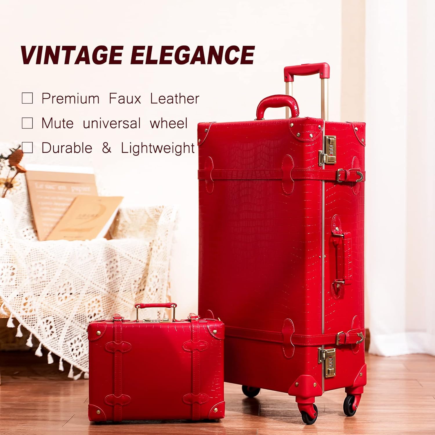 2-Piece Vintage-Inspired Luggage Set with Spinner Wheels and Protective Cover