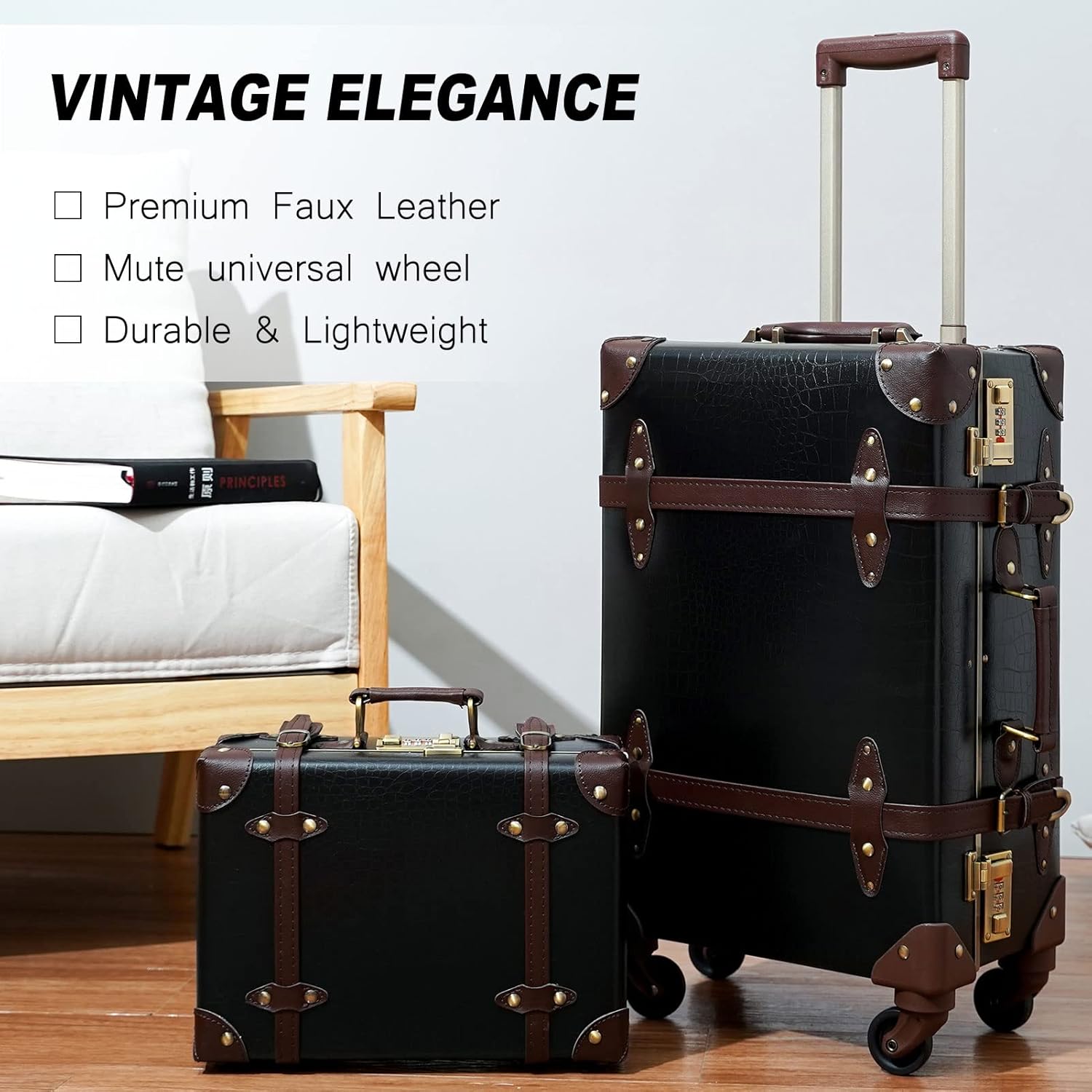 2-Piece Vintage-Inspired Luggage Set with Spinner Wheels and Protective Cover