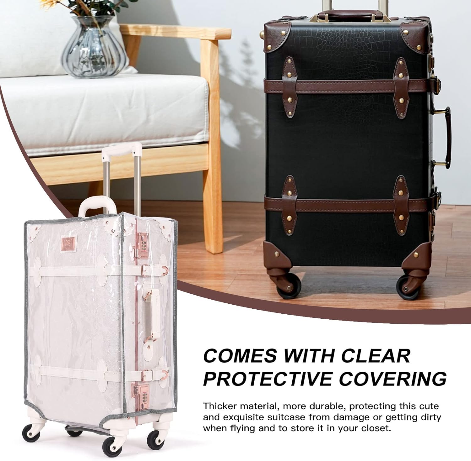 2-Piece Vintage-Inspired Luggage Set with Spinner Wheels and Protective Cover
