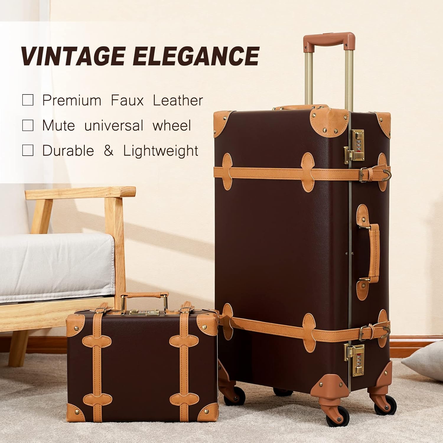 2-Piece Vintage-Inspired Luggage Set with Spinner Wheels and Protective Cover