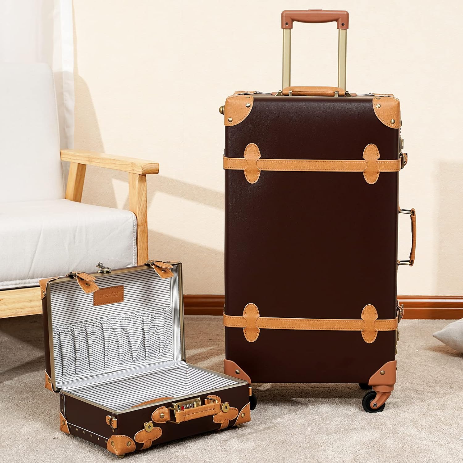 2-Piece Vintage-Inspired Luggage Set with Spinner Wheels and Protective Cover
