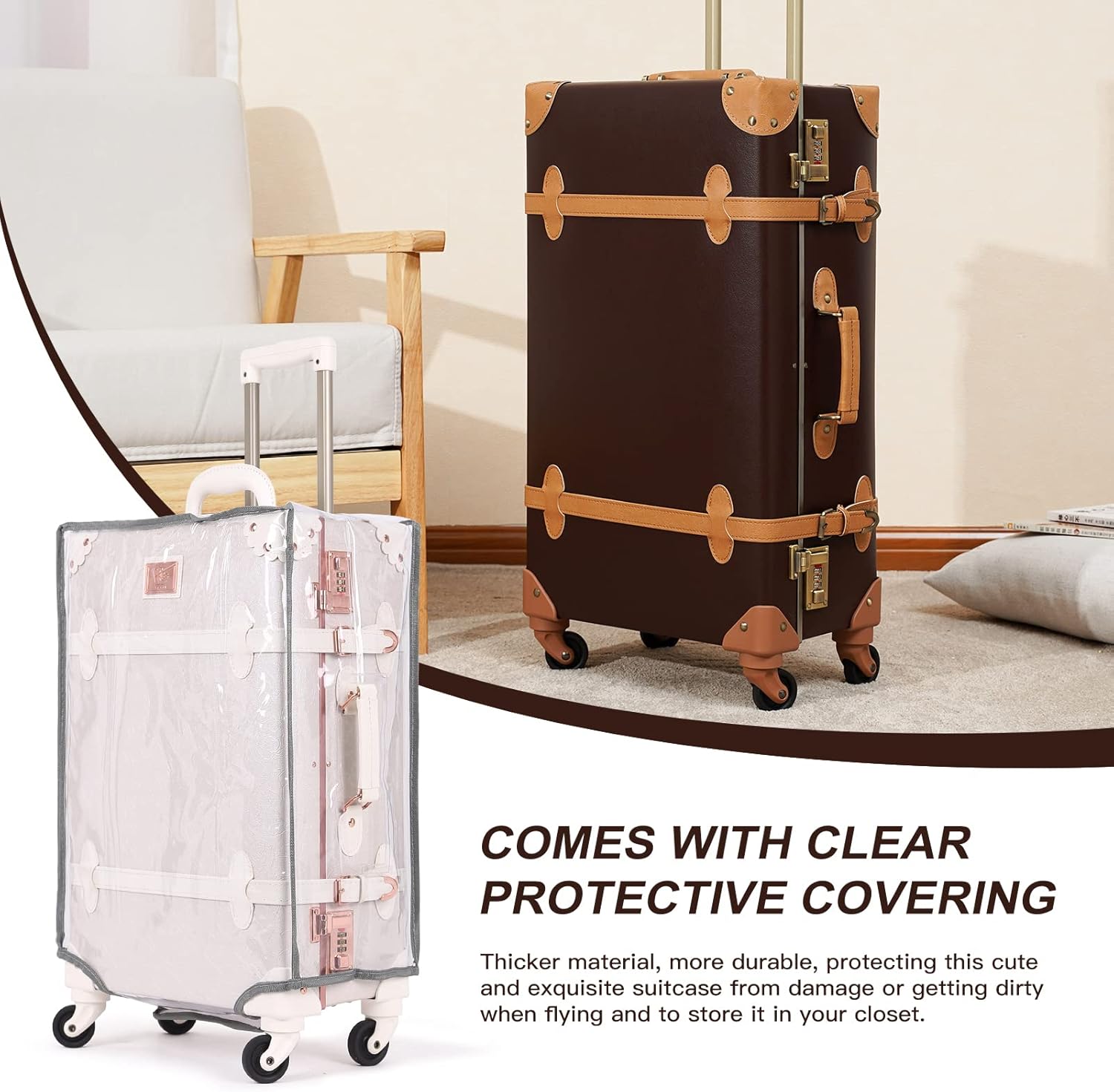 2-Piece Vintage-Inspired Luggage Set with Spinner Wheels and Protective Cover
