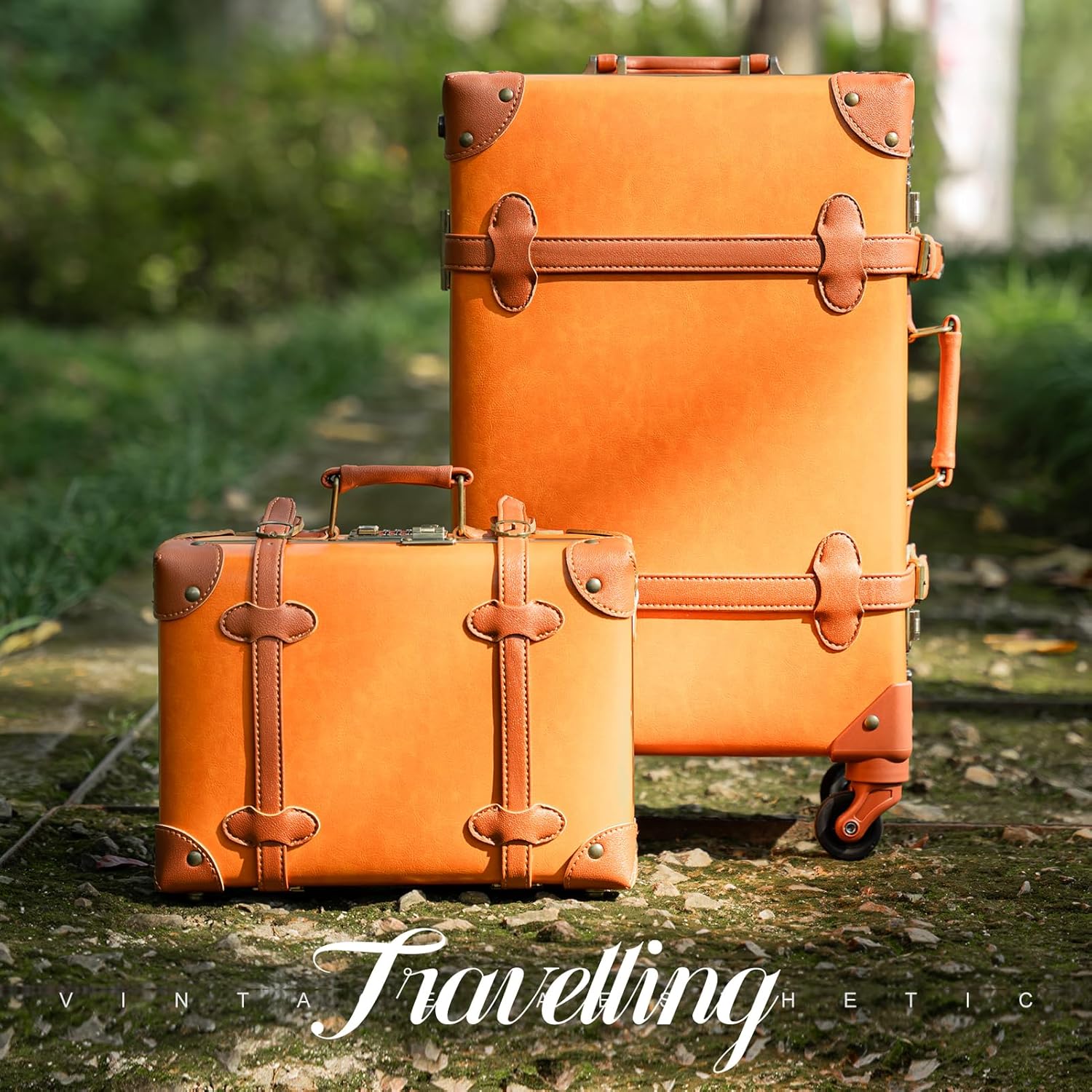 2-Piece Vintage-Inspired Luggage Set with Spinner Wheels and Protective Cover