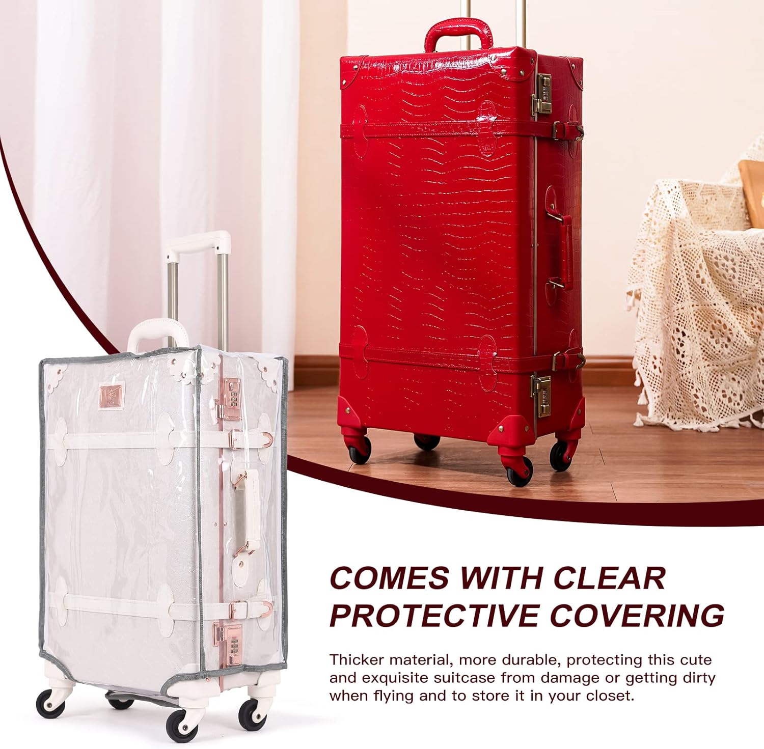 2-Piece Vintage-Inspired Luggage Set with Spinner Wheels and Protective Cover