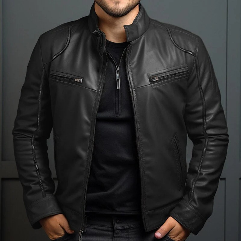 Vintage Leather Men's Jacket | Stylish with Zip and Pockets