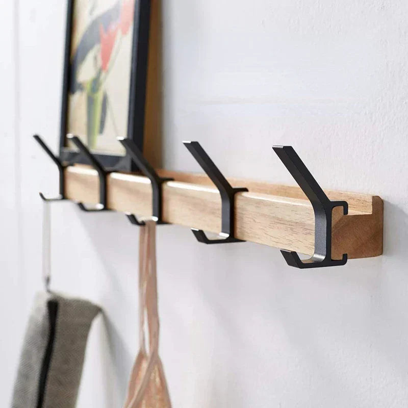 Wall Coat Rack - Movable Hooks - Black - Wood and Aluminium