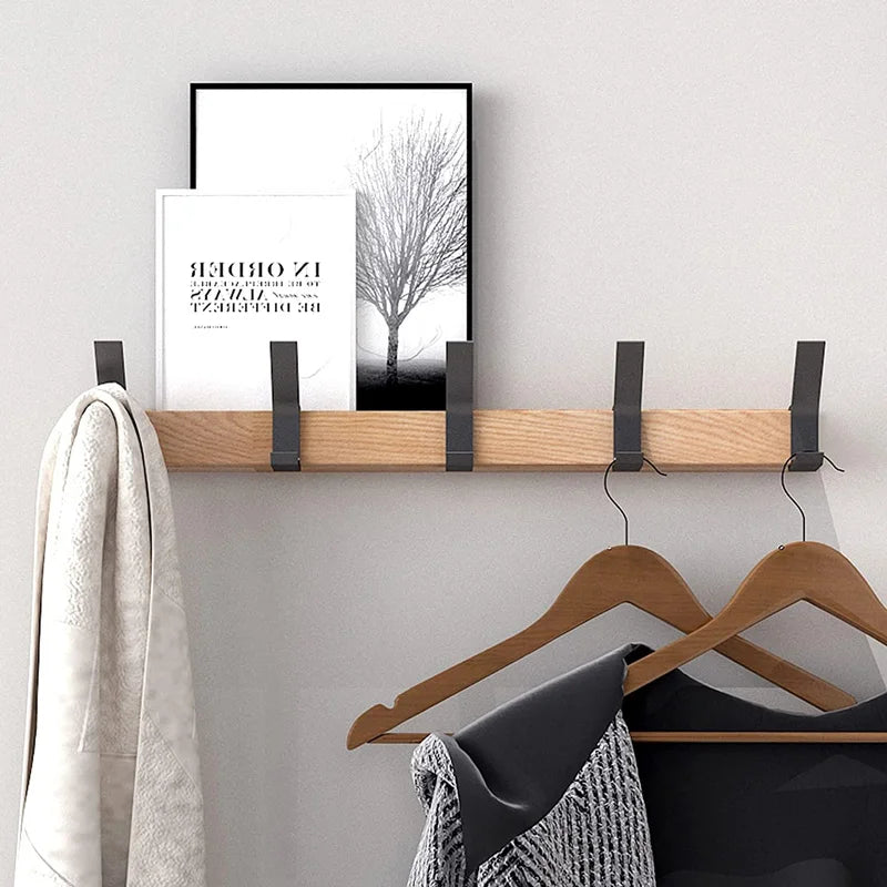 Wall Coat Rack - Movable Hooks - Black - Wood and Aluminium