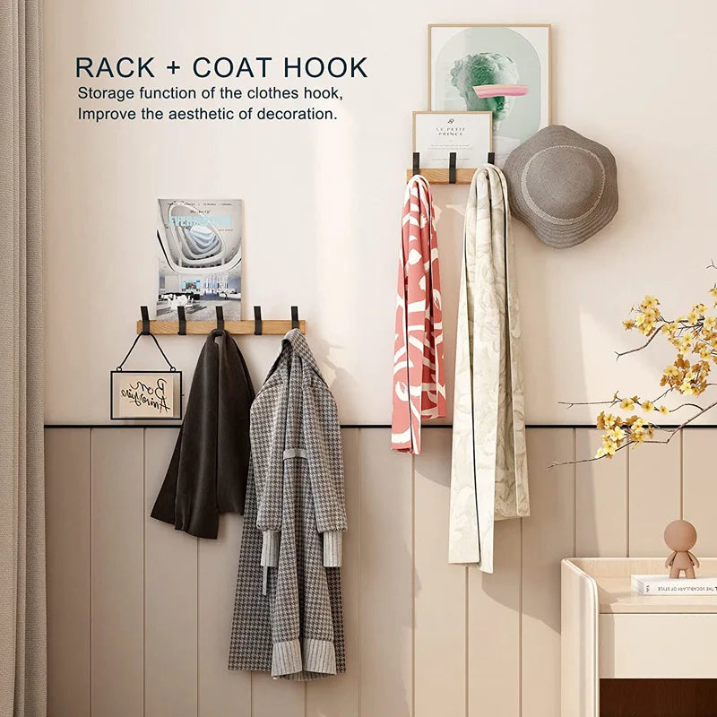 Wall Coat Rack - Movable Hooks - Black - Wood and Aluminium