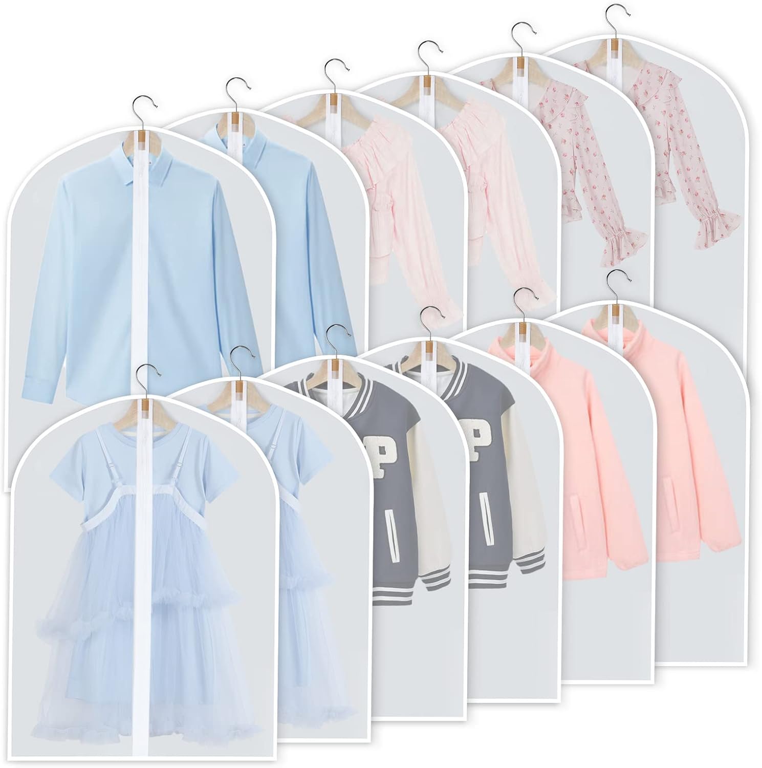 PEVA Garment Bag Set – 12-Pack Hanging Garment Covers in 3 Sizes (Buy 1, Get 1 FREE)