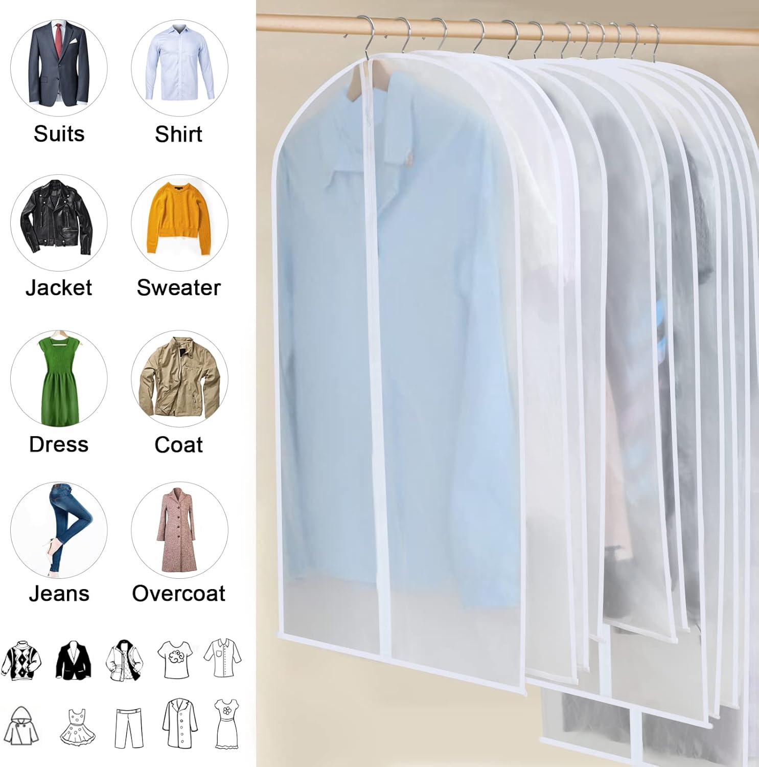 PEVA Garment Bag Set – 12-Pack Hanging Garment Covers in 3 Sizes (Buy 1, Get 1 FREE)