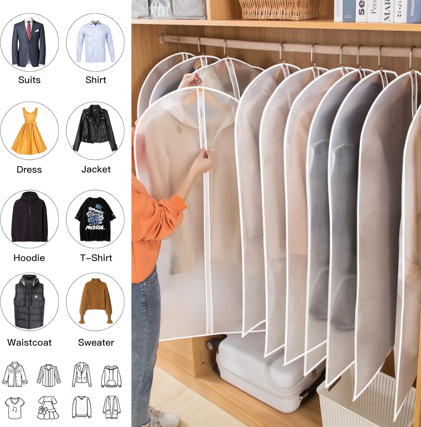 PEVA Garment Bag Set – 12-Pack Hanging Garment Covers in 3 Sizes (Buy 1, Get 1 FREE)