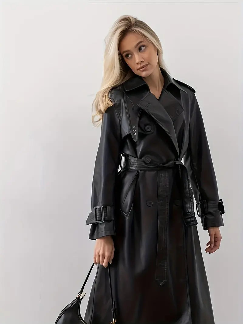 Black Leather Trench Coat for Women - Elegant & Warm