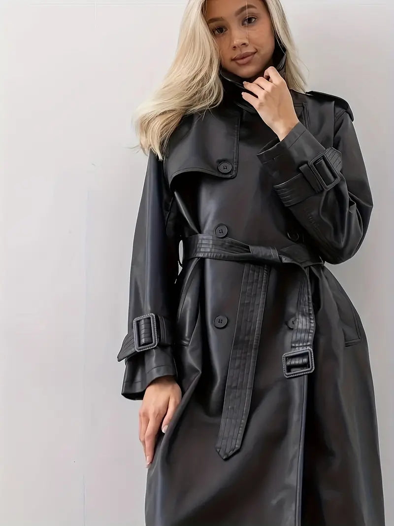 Black Leather Trench Coat for Women - Elegant & Warm
