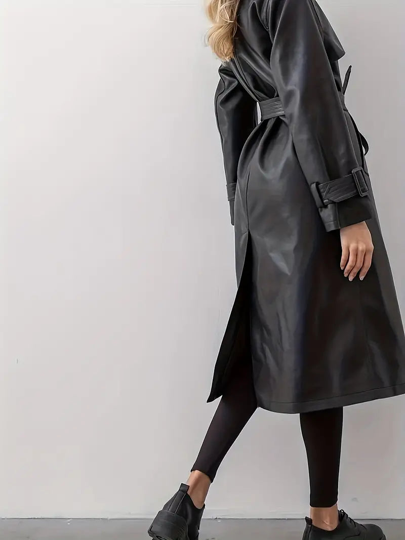 Black Leather Trench Coat for Women - Elegant & Warm