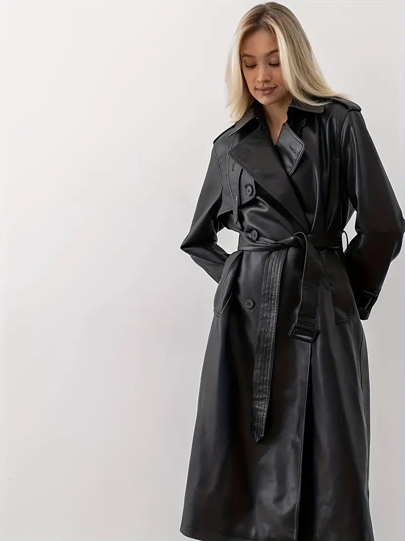 Black Leather Trench Coat for Women - Elegant & Warm