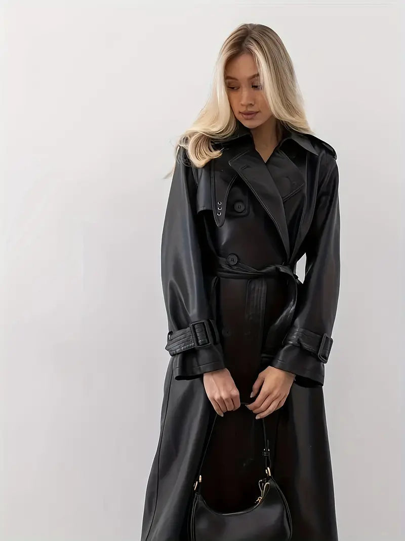 Black Leather Trench Coat for Women - Elegant & Warm